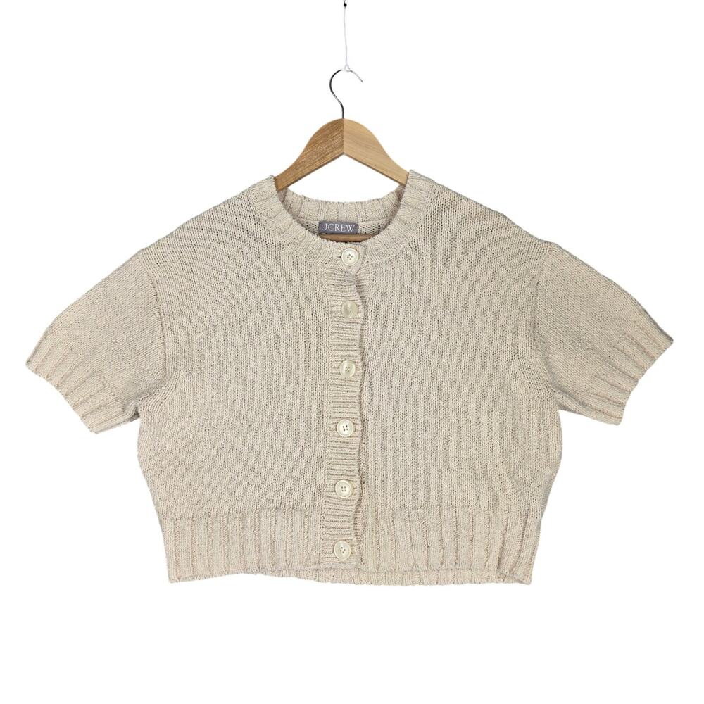 J.CREW WOMEN’S SHORT SLEEVE KNIT CARDIGAN BEIGE SWEATER - SIZE M - STYLE: CJ537